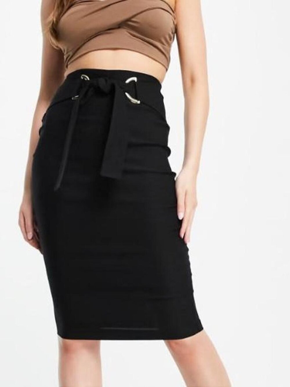 Vesper tie front midi skirt in black size US 8, brand new